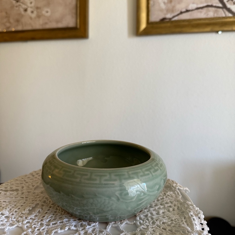 Vintage Chinese Celadon Brush Washer 6” Green Crackle Glaze Calligraphy Bowl